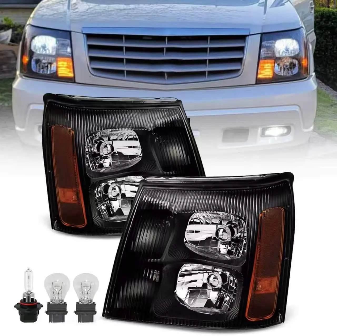 Black HID Projector Headlights with Amber Reflector Replacement for 2003-2006 Escalade ESV/EXT - Includes Bulbs