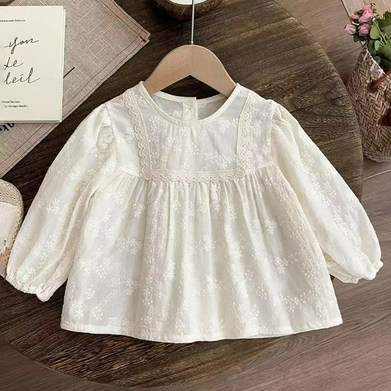 T-shirt Children\'s Girls\' Lace Shirt 2026 Spring New Long Sleeve Clothing Children\'s French Jacquard Doll Shirt Top