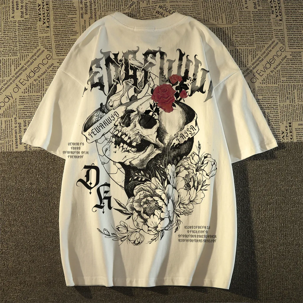 Herren Oversize-T-Shirt mit Totenkopf-Rosen-Print, Gothic-Streetwear, Kurzarm, lässiges Grafik-T-Shirt für den Sommer – Detail 7