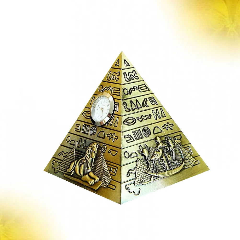 Desktop Adornment Living Room Decor Ornaments Metal Egyptian Style Pyramid with Clock