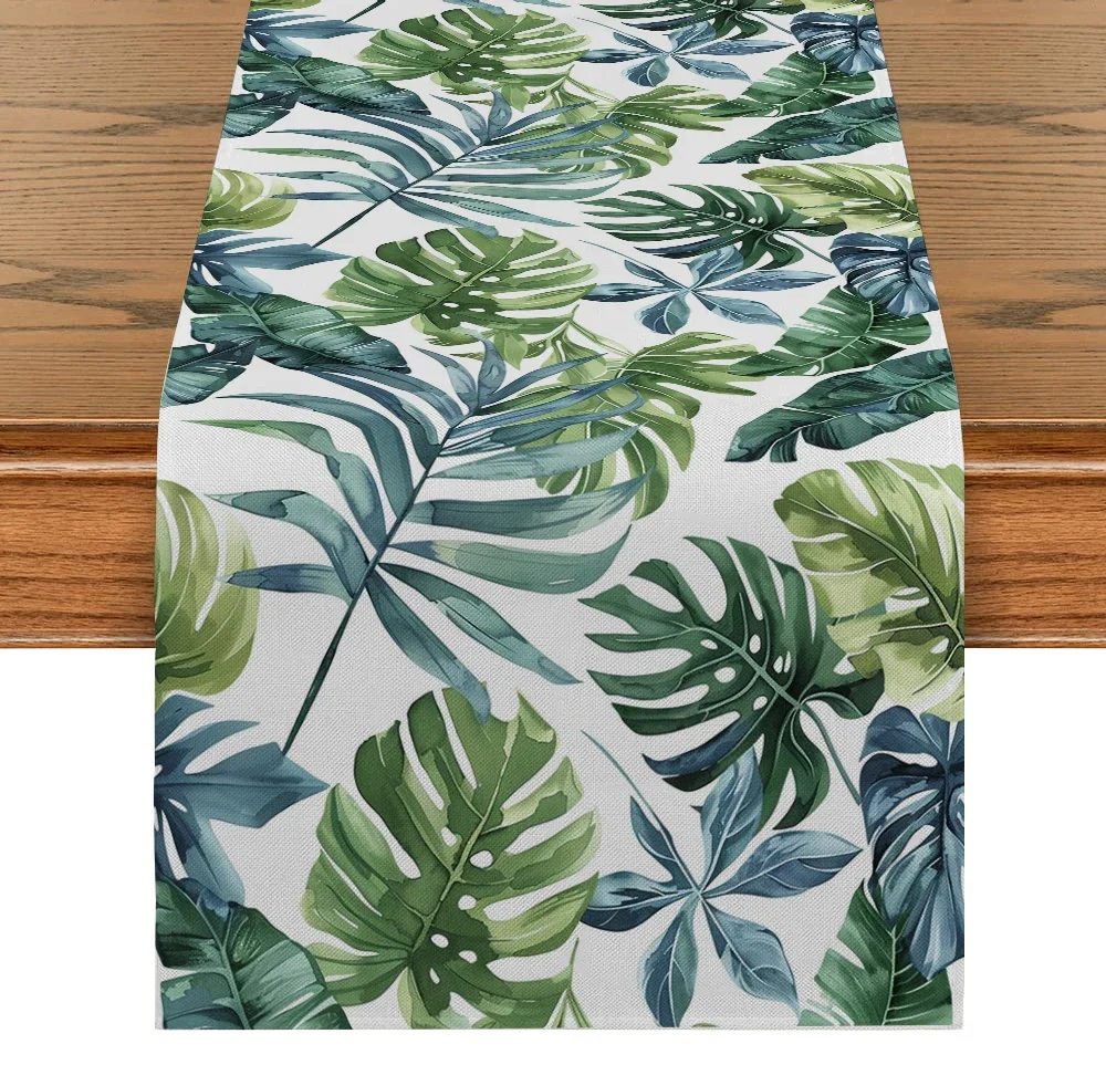 Watercolor Style Table Flag, Tropical Plant Turtle Back Bamboo Theme Table Runner, Living Room Tableware, Summer Table Runner