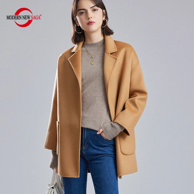 

MODERN NEW SAGA 100% Wool Women Wool Jacket Autumn Wool Coat Water Ripple Winter Woolen Jackets Women Cashmere Overcoat Belt