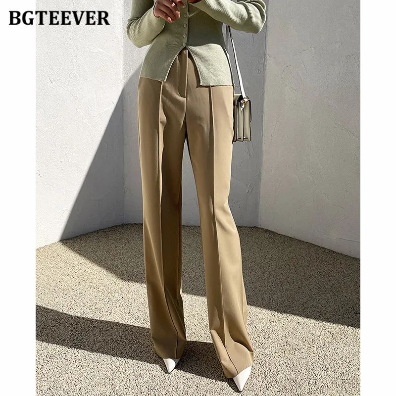 BGTEEVER Stylish High Waist Loose Female Trousers Autumn Office-wear Pockets Straight Long Suit Pants Women