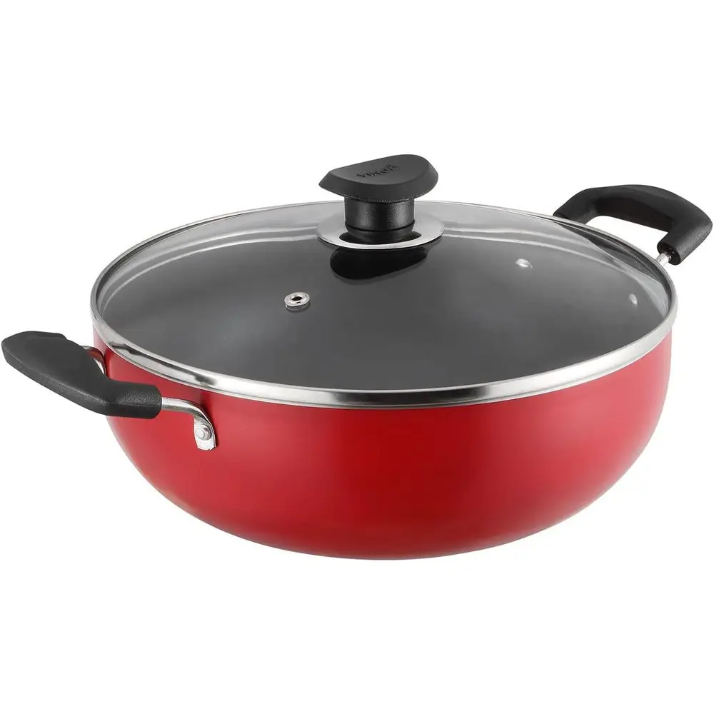 Non-Stick Induction-Friendly Deep Kadai with Lid, 4.1L Red/Black