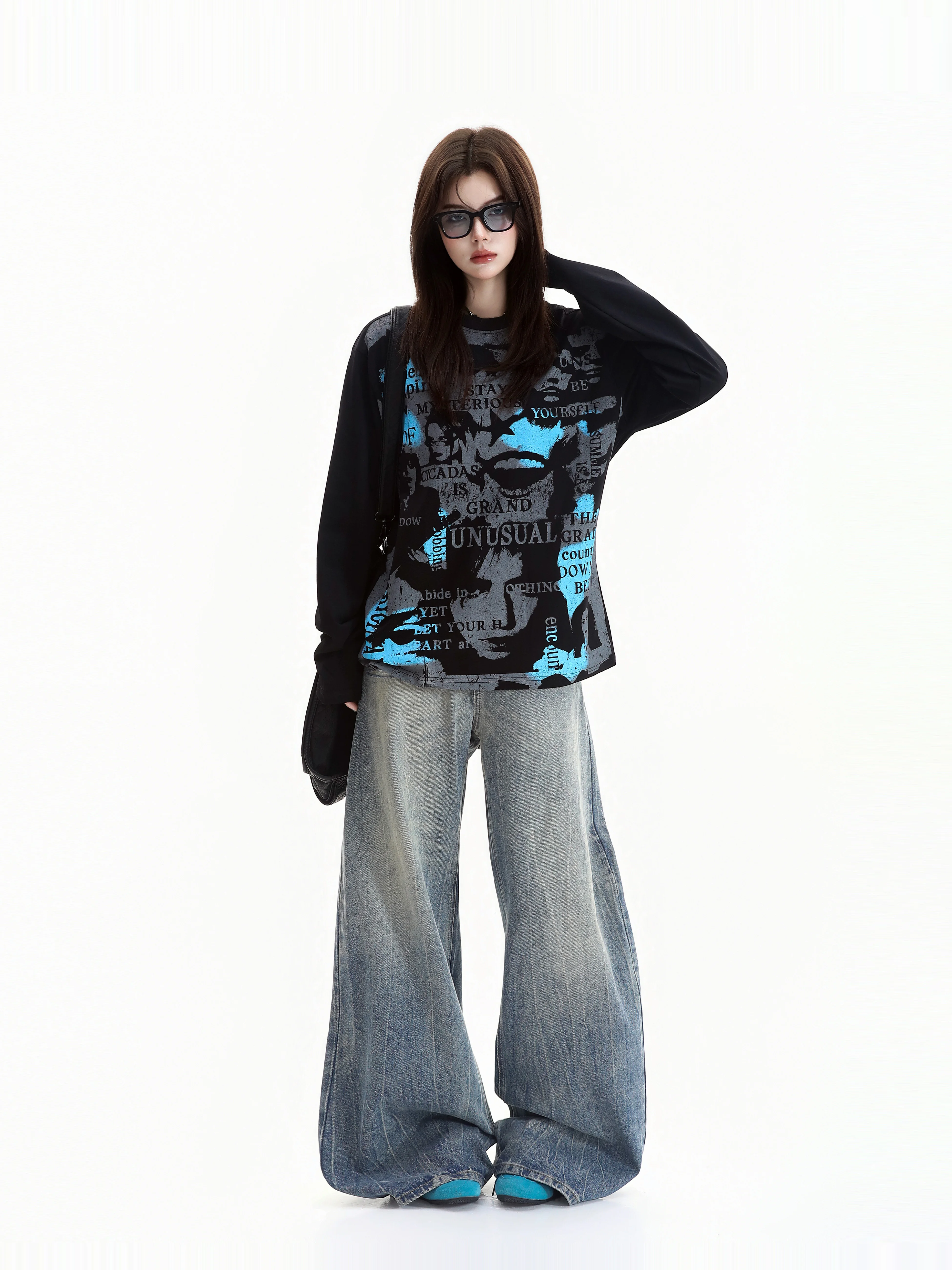 Slimming Effect American Hip Hop Personality Collision Color Portrait Print Long Sleeve Neutral Style Trendy T Shirt Casual L...