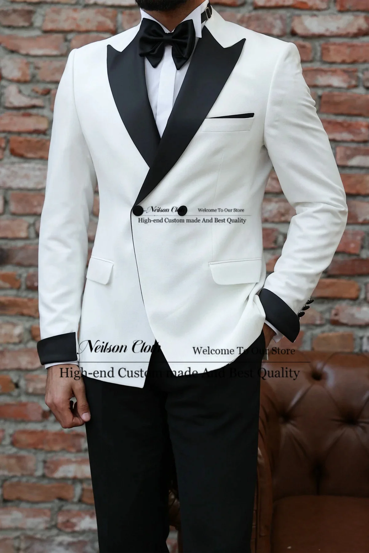 

Formal White Male Prom Blazers Peaked Lapel 2 Pieces Sets Groom Wedding Tuxedos Customized Double Breasted Terno Masculino