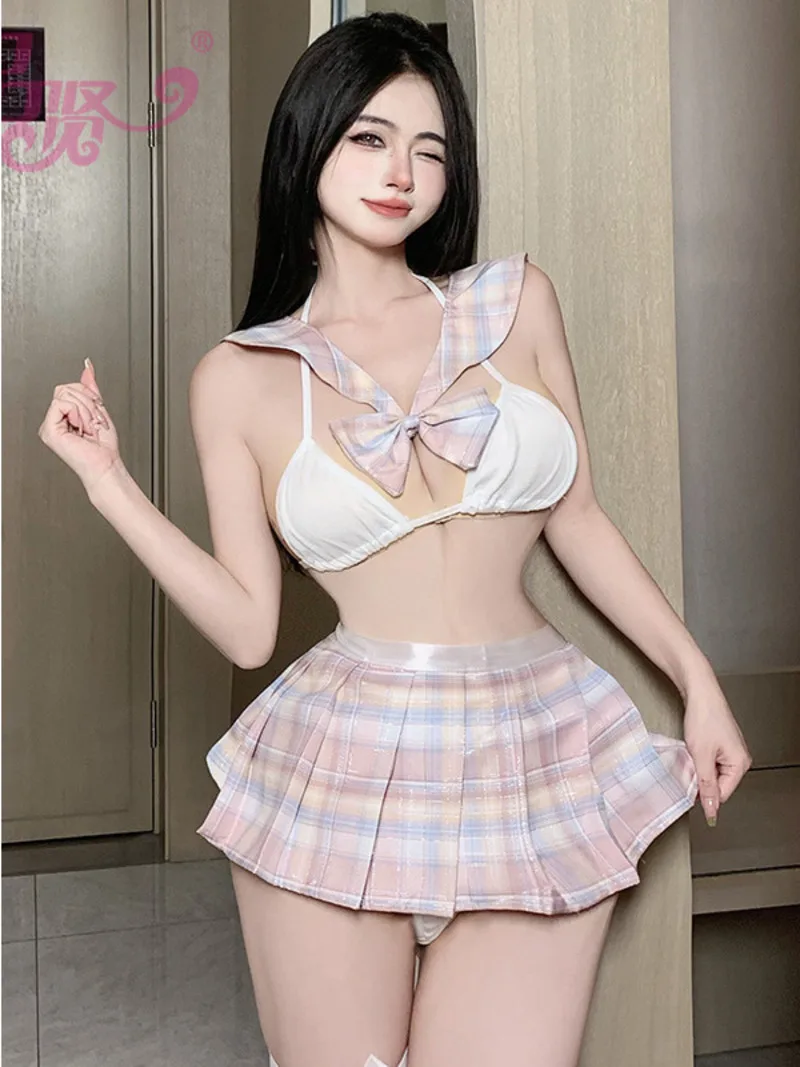 

Female JK Sexy Cosplay Anime Pleated Two Piece Skirt Set Student Clothes Bandage Off Shoulder Top Hot Sexy Korean Women XP7S