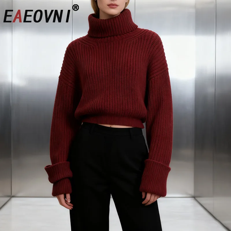 

EAEOVNI Fashion Knitted Pullover Sweater Women Turtleneck Long Sleeve Solid Color Short Tops Casual Autumn Winter New Clothing