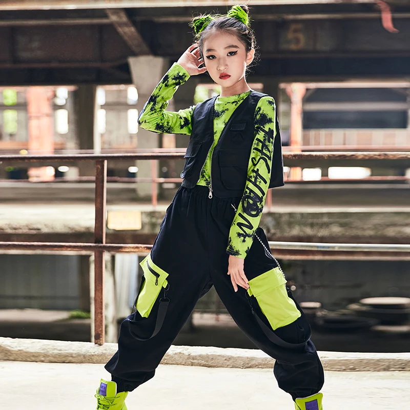 

Kids Girls Green Leopard Street Dance Hip Hop Clothes Tops Reflective Vest Hip-Hop Pants Jazz Performance Stage Costume