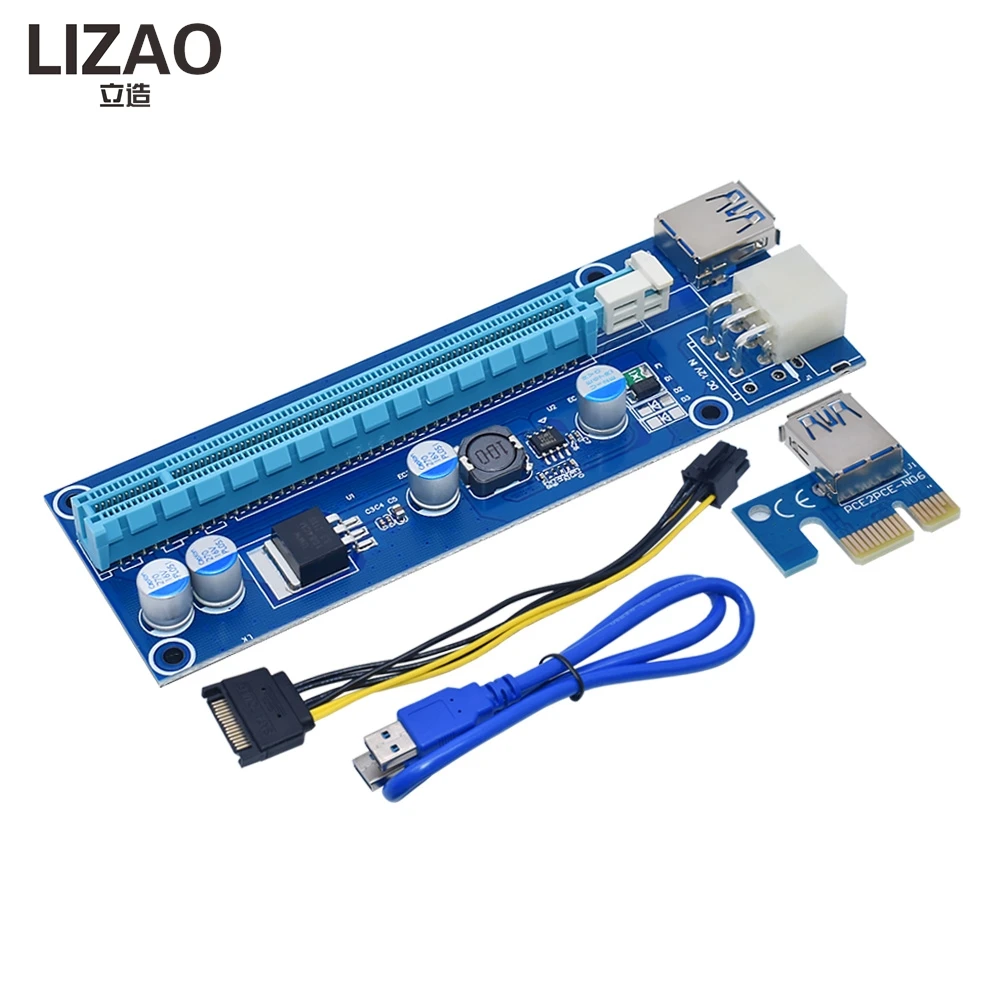 VER006C PCI-E Riser Card, 1X to 16X Extender with 60CM USB3.0 Cable & SATA-to-6Pin Power for Graphics Cards