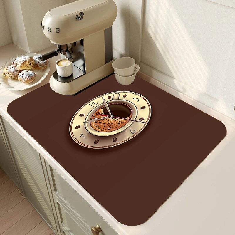 Coffee Theme Absorbent Dish Drying Mat Non-Slip Kitchen Counter Pad with Coffee Clock Latte Art Ground Print for Coffee Lovers
