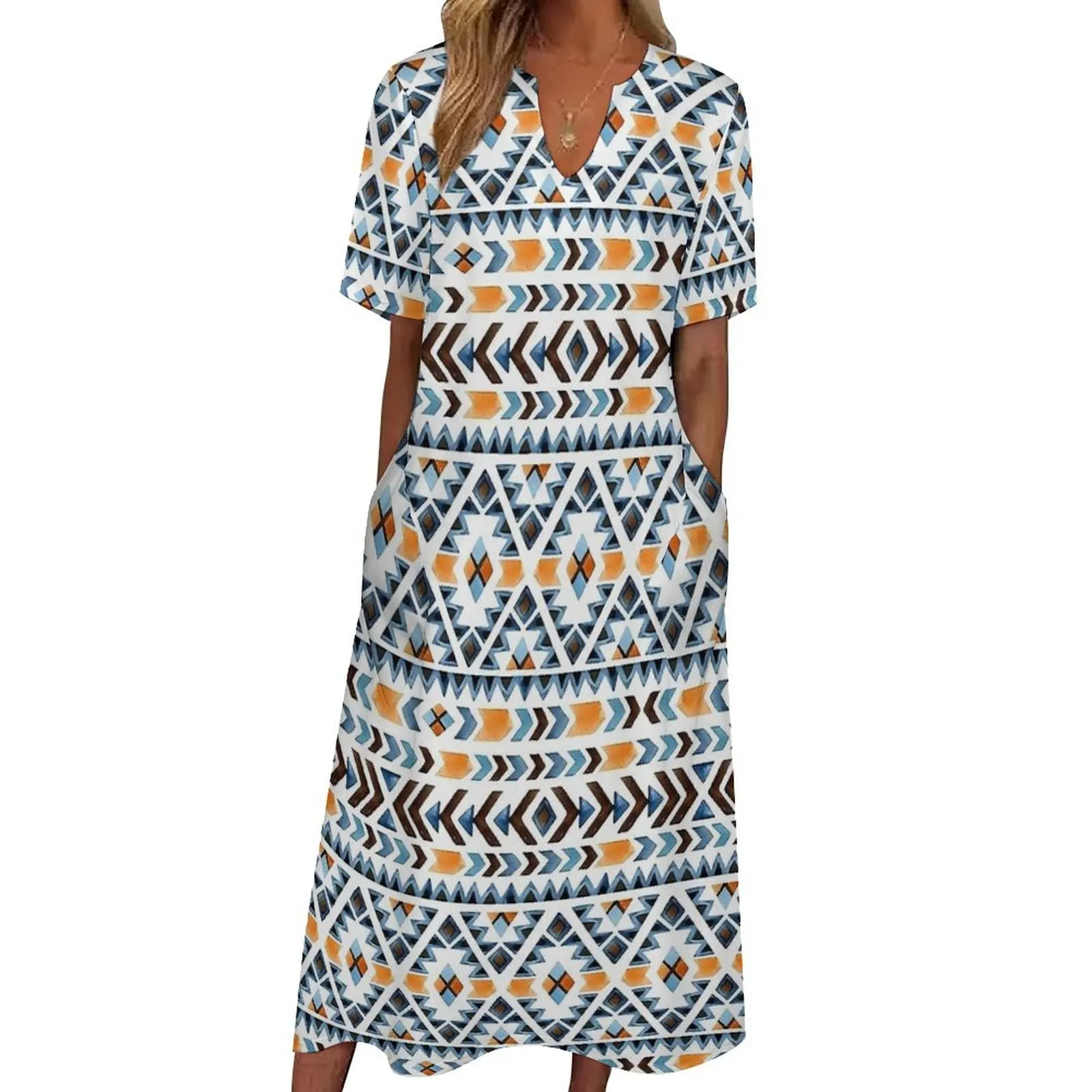 Retro Aztec Art Dress Blue and Orange Kawaii Maxi Dress Casual Long Dresses Womens Short Sleeve Graphic Big Size Clothing