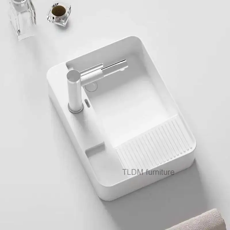 

European Above Counter Basin Bathroom Sinks Washing Machine Cabinet Side Drainage Washbasin with Washboard Balcony Small Size