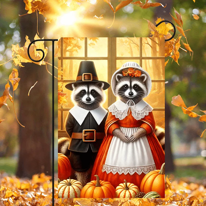 2D Flat - 2D Flat - 1pc a Double-Sided Autumn Garden Flag Featuring a Cute Raccoon And Pumpkin Design, Perfect for Yard Signs And Outdoor Decorations. Ideal for Gardens, Lawns, And Party Supplies, Measuring 12X18 Inches, Flagpole Not Included
