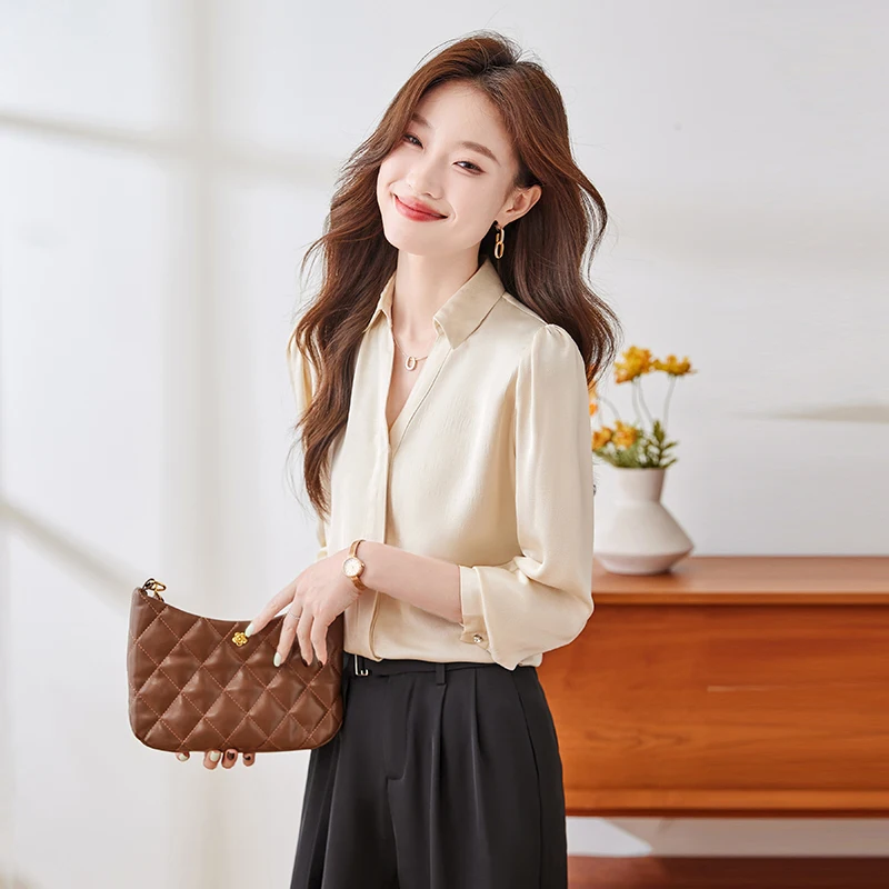 NAVIU Fashion Women Yellow Shirt Women New Temperament V Neck Satin Long Sleeve Formal Blouses Office Ladies Work Tops Apricot