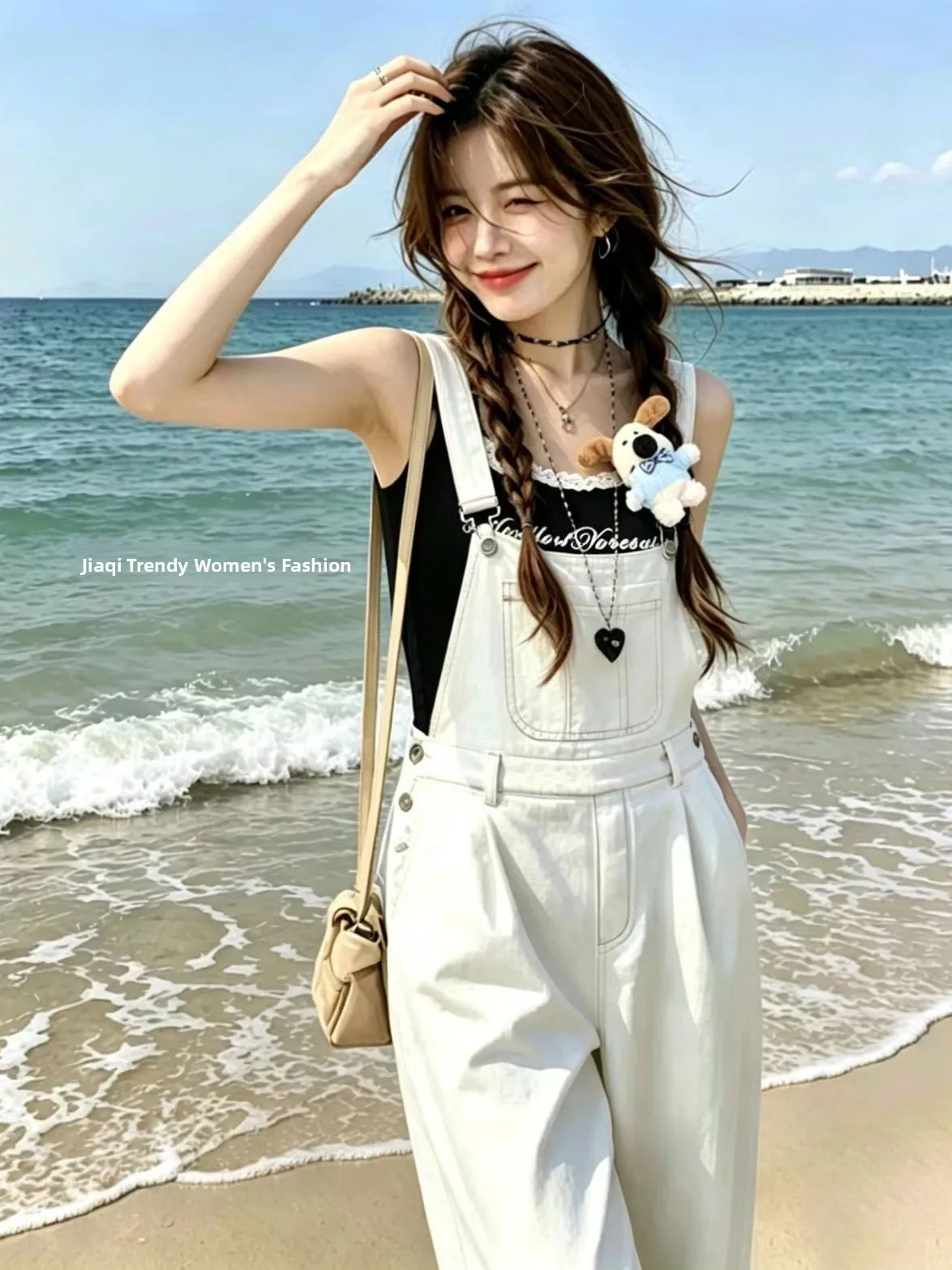 Cool Sweet White Denim Overalls Women's Summer High Waist Straight Leg Jumpsuit Slimming Fashion Korean Style Casual Jeans