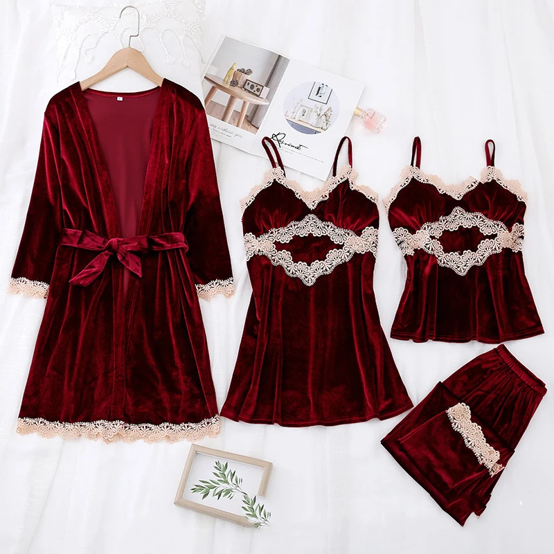 Autumn Winter Female Pajamas Velvet 4PCS Sleepwear Set Sexy Lace Trim Kimono Bathrobe Gown Pijamas Suit Loose Velour Homewear