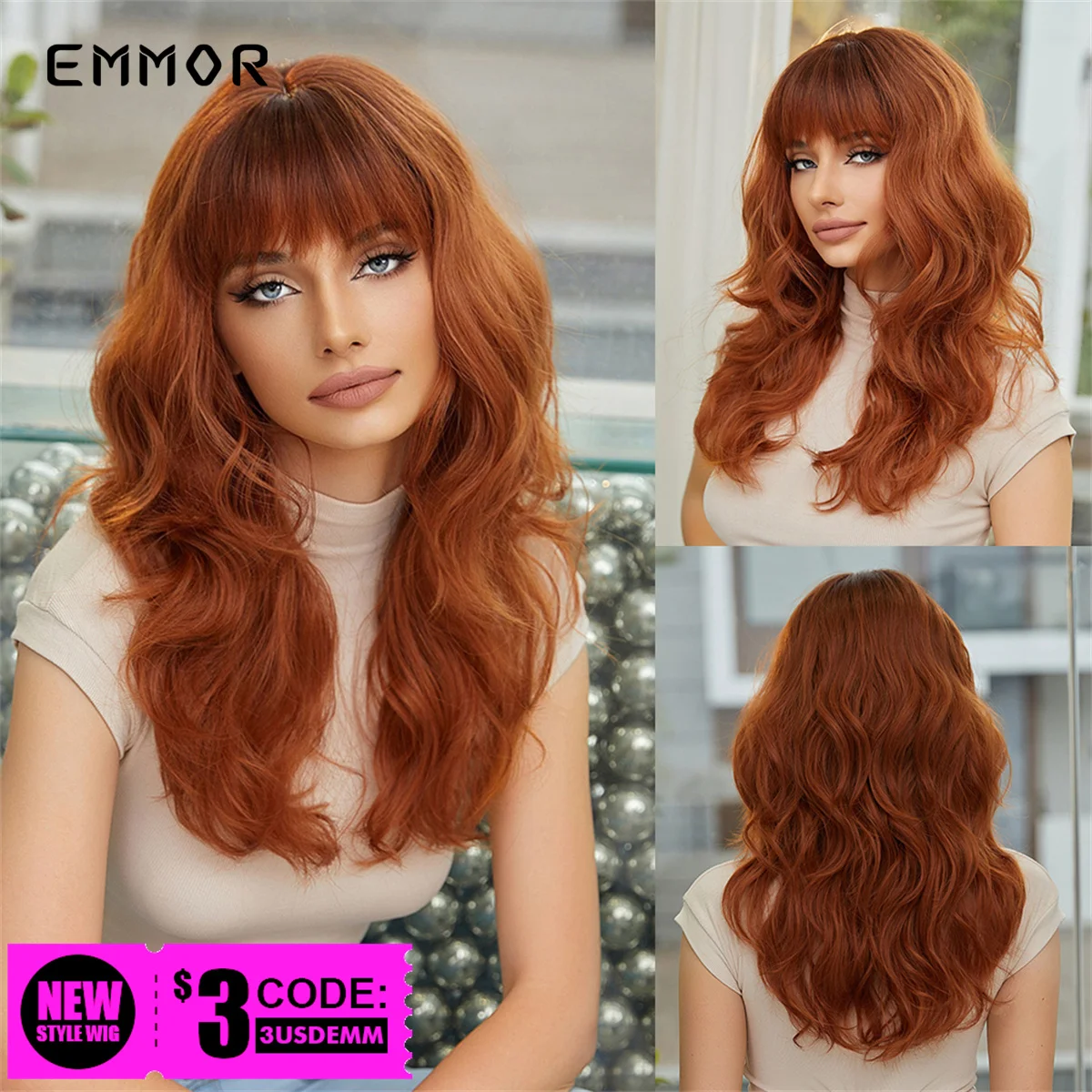 

EMMOR Synthetic Ombre Copper Red Brown Wig Medium Long Wavy Hair with Bangs for Women Heat Resistant Daily Cosplay Party Wigs