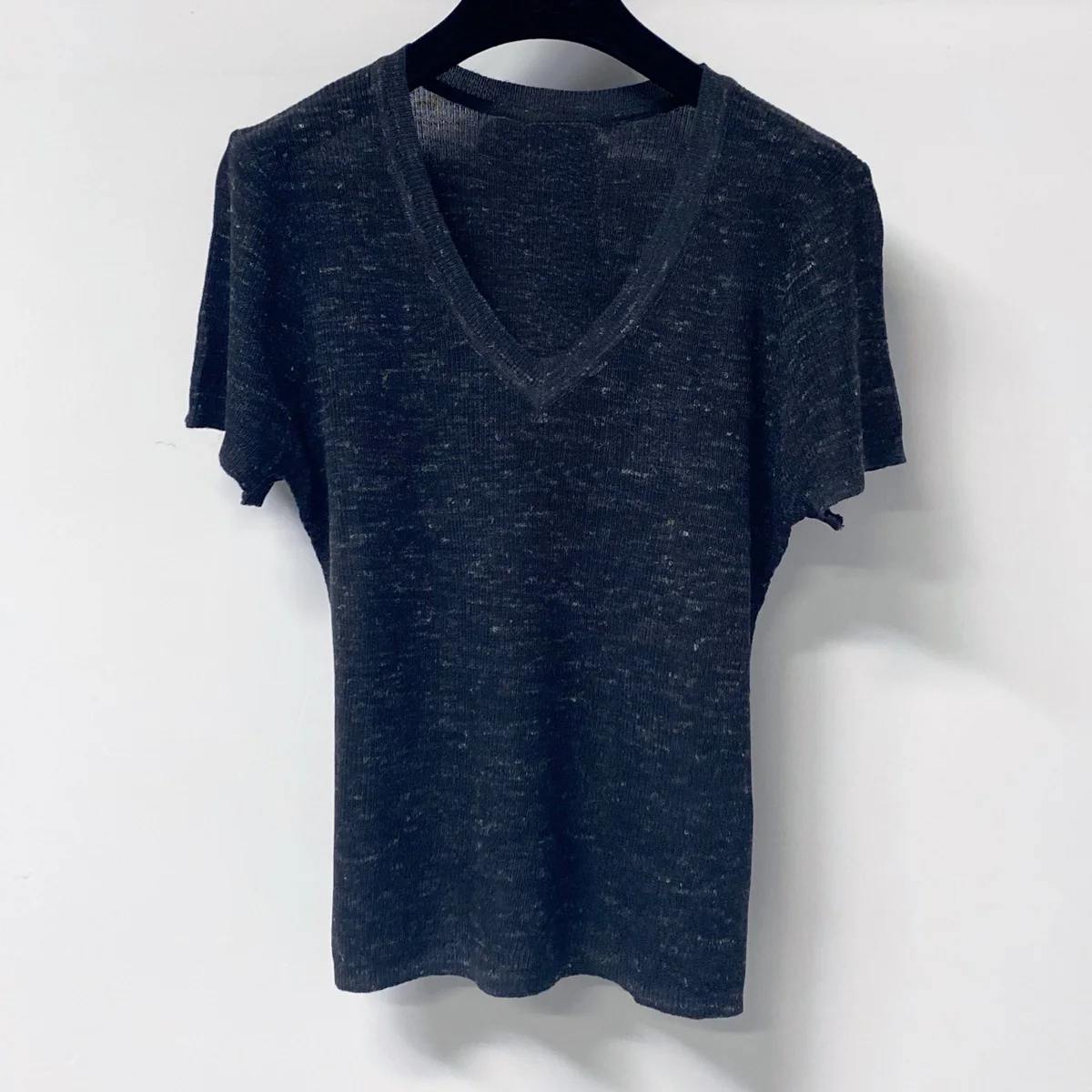 High Quality Women Deep V Neck Speckle Mixed Color Fine Rib Knit Short Sleeve Slim Fit Stretchy Casual Basic Knit Top lyt2672351