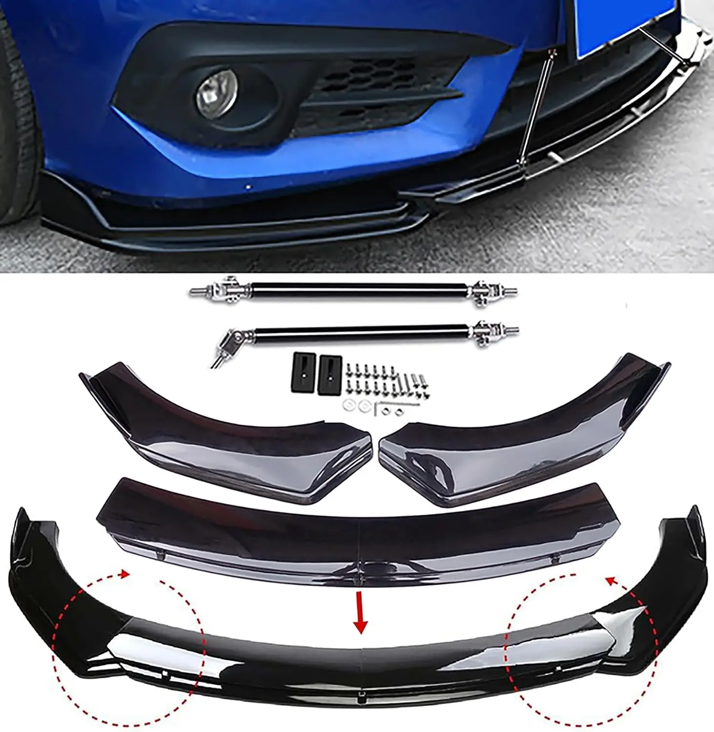 Universal Front Bumper Lip Chin Spoiler PP Front Bumper Lip Sopiler Wing Body with Adjustable 8