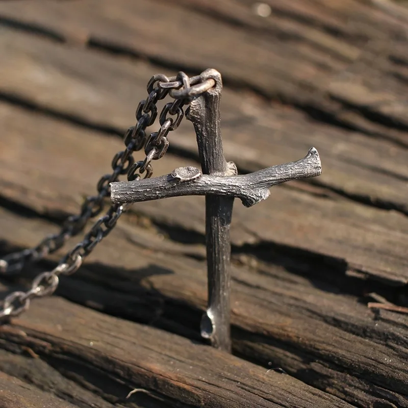 Vintage Tree Branch Men's Hip Hop Keel Chain Neclace , Antique Silver Cross, Plant Pendant Necklace, Neutral Punk Jewelry Gift