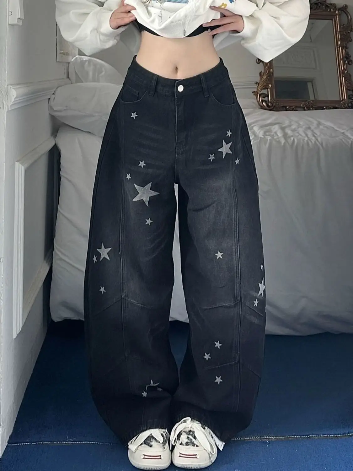 

Женские винтажные мешковатые джинсы Y2k со звездным принтом, уличная одежда, джинсовые брюки в стиле Харадзюку, эстетические брюки оверсайз 2000-х годов, одежда, осень 2025 г.