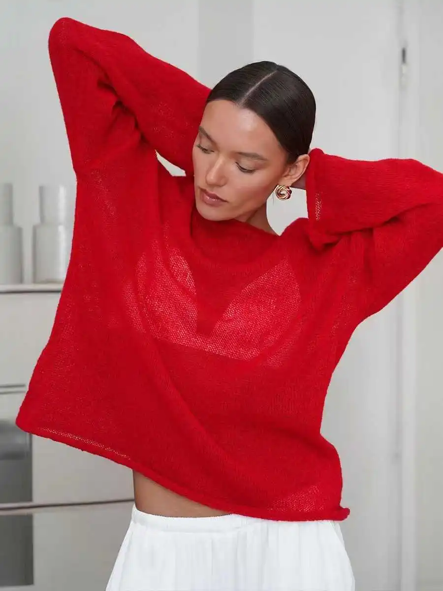 Elegant Vacation Style Crochet Knit Top Women New Sheer Loose Fit Long Sleeve Soft Breathable Chic Resort Wear Blouse