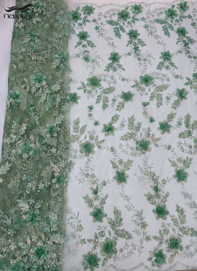 

Madison Hot Selling 3D Flower African Lace Fabric 5 Yards France Nigeria Glue Sequins Mesh Tulle Lace Fabric for Wedding Dress