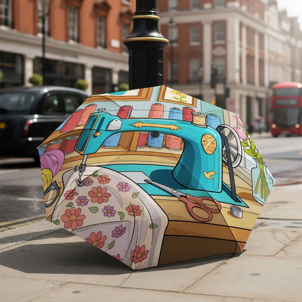 1P C Colorful Sewing-Themed Umbrella in Front of White Building Print 8 Iron Ribs Folding Umbrella Auto-Open Fashion Sunshade