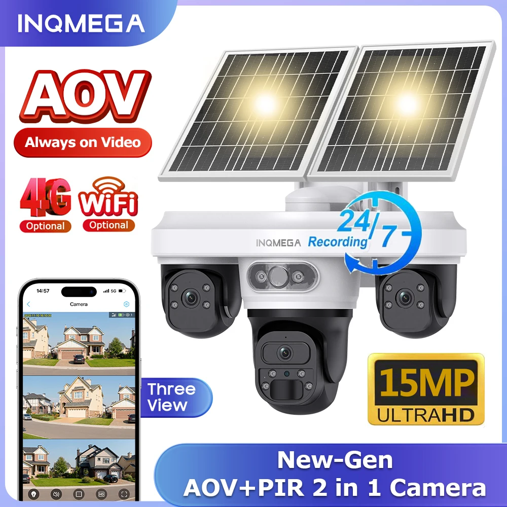 

INQMEGA 15MP AOV 3 Lens Three Screen 4G Solar Camera Outdoor Tracking Surveillance Camera 12W Solar Panel 24/7 Recording Video