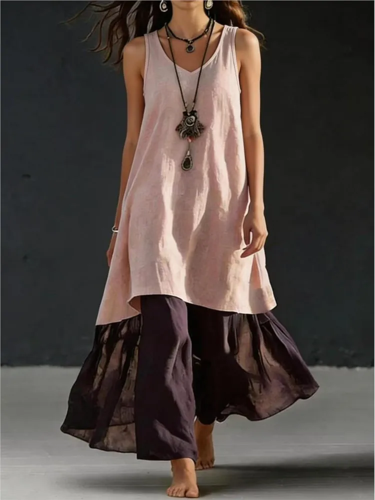 Sommerliches, schlichtes, ärmelloses, lockeres langes Kleid für Damen – Modisches V-Ausschnitt Boho-Westenkleid – Lässiges neues A-Linien-Kleid für den Urlaub