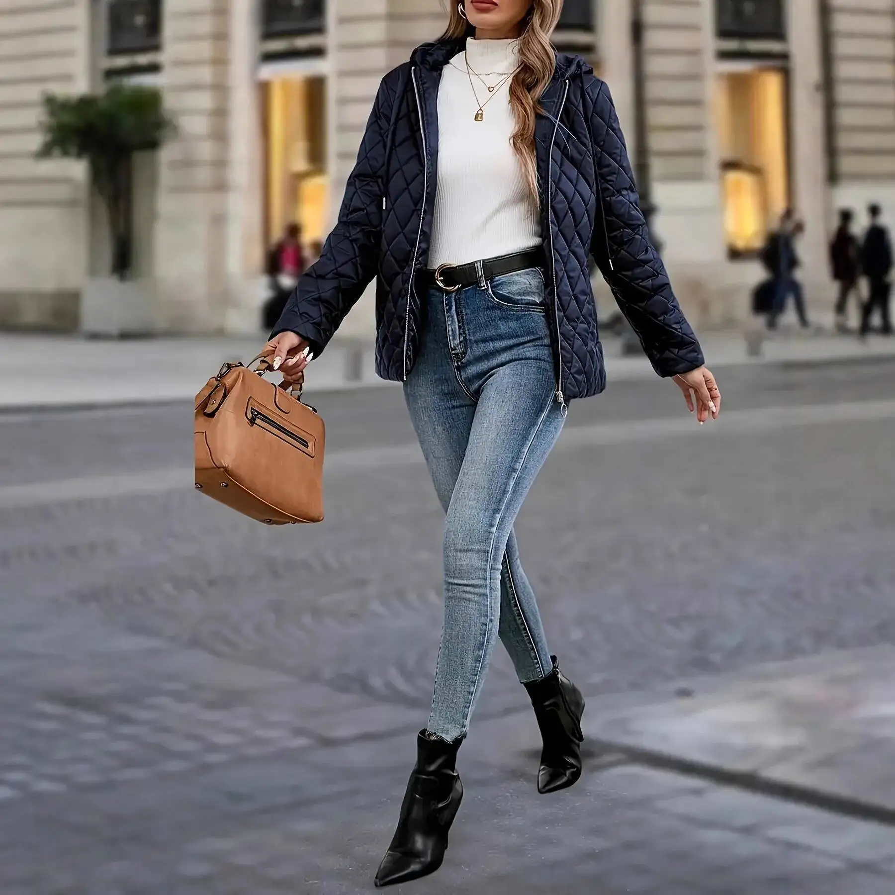 

Женская осенняя 100% зимняя однотонная стеганая куртка с длинным рукавом и капюшоном, элегантная свободная хлопковая куртка, модное пальто