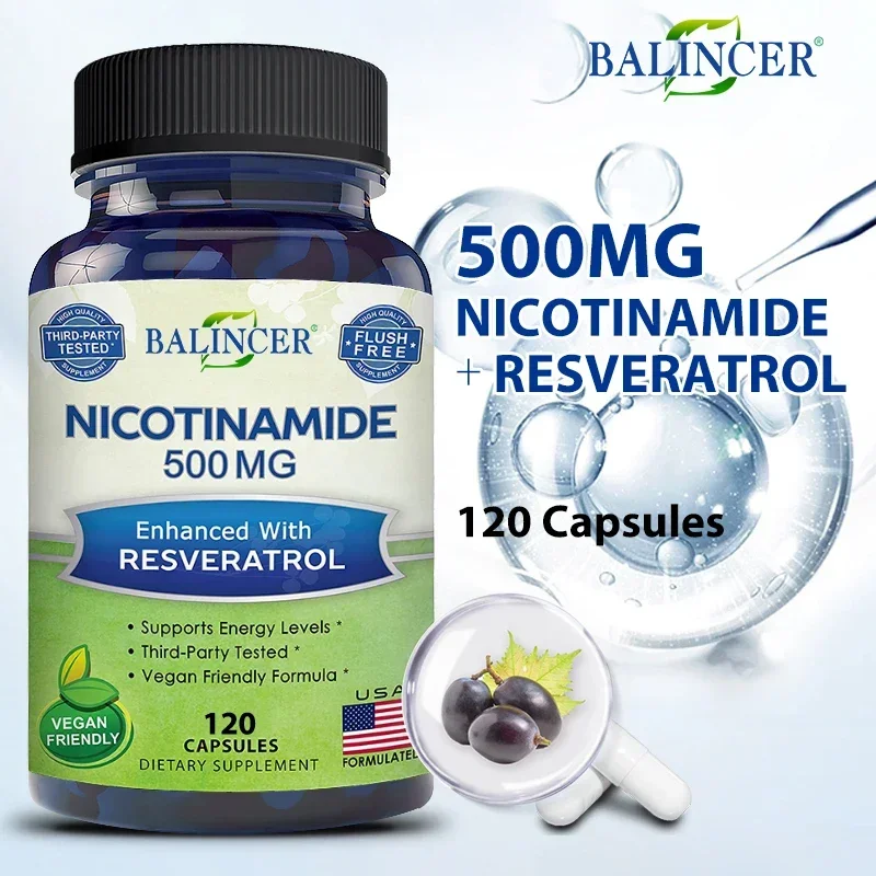 Niacinamide with Resveratrol - 120 Veggie Capsules, Vitamin B3 500 Mg - Supplement To Support NAD, Skin Cell Health and Energy