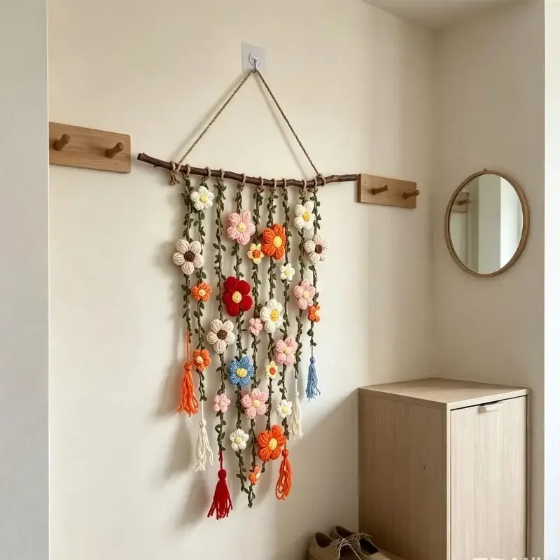 Crochet Flower Wall Art Soft Fiber Flower Piece, Ready to Display Branch Rod Accent for Bedroom, Living Room, Entryway, Y5GB