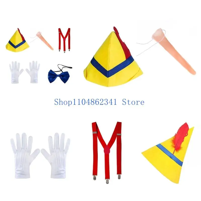 

5asd Puppet Costume,Long Nose Caps Suspender Necktie Gloves Story Book Characters Costume Halloween Cosplay Costumes Adults