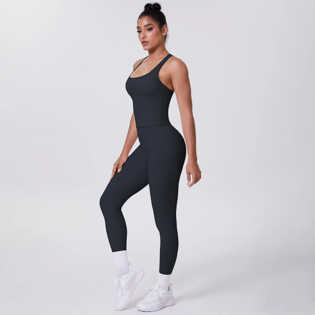 Hamidou 2-teiliges Damen-Yoga-Set, schnell trocknende, hüftformende Fitnesshose, Yoga-Leggings, einfarbig, Gym, schöner Rücken, I-förmige Weste – Detail 12