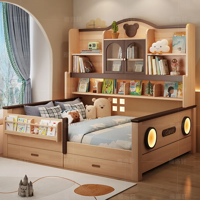 Cama para niños de madera maciza de color tronco, cama ahorradora de espacio para niños y niñas, debajo de la mesa, armario, combinación de almacenamiento integrada