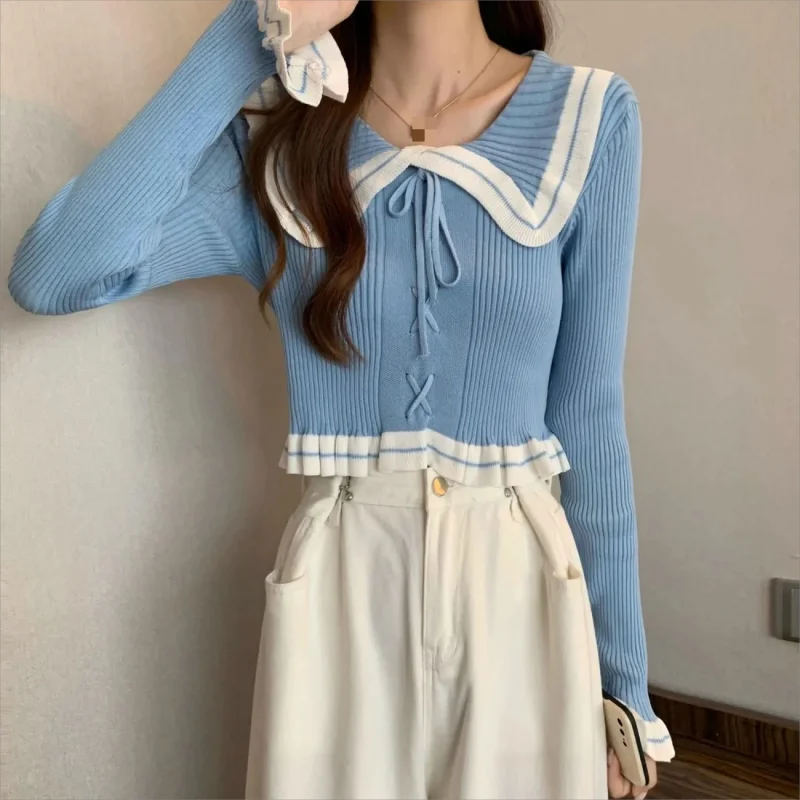 French Unique Doll Collar Red Bottom Knitted Sweater Women Early Autumn New Soft Glutinous Thin Short Pullover Top