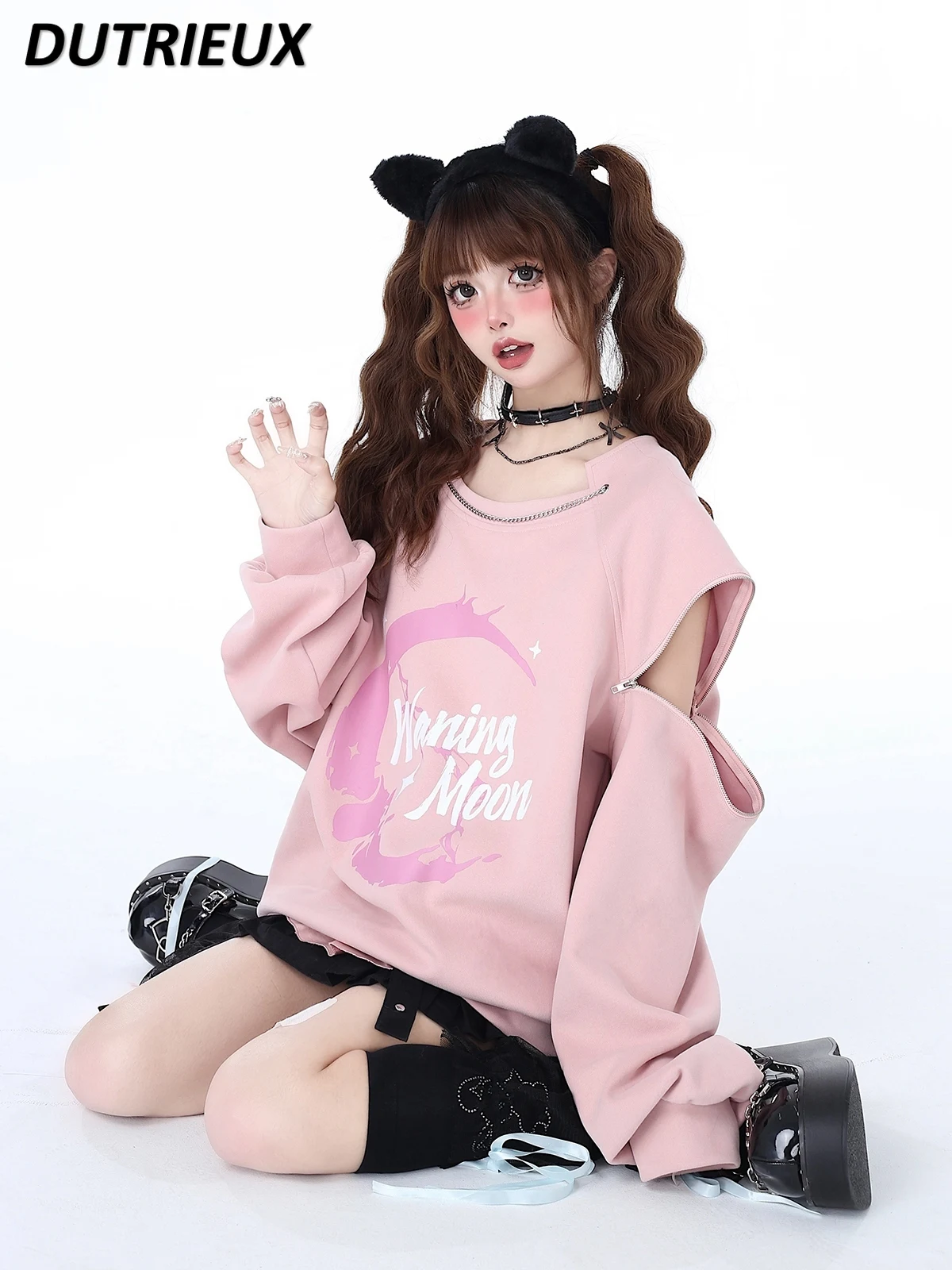 

Sweet Girl Round Neck Off-the-Shoulder Pullover Spring and Autumn New Heavy Work Long Sleeve Early Spring Loose Sweatshirt