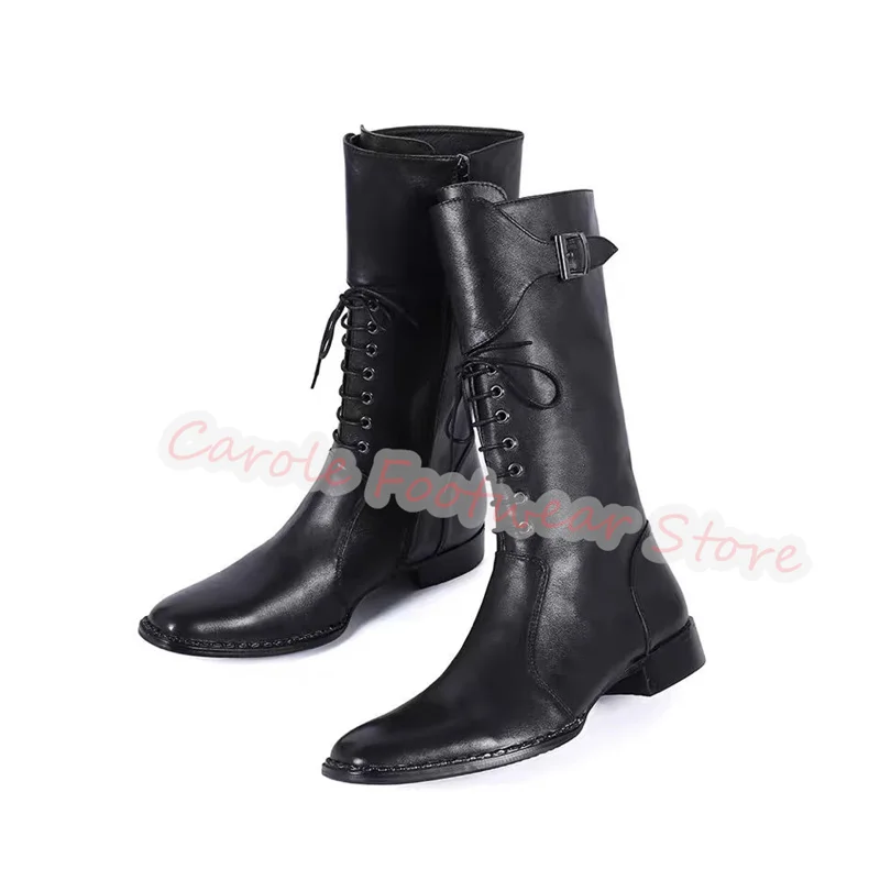 

Handmade Genuine Leather Knee High Boots for Men Black High Top Chunky Heel Lace-Up Motorcycle Boots Male Casual Long Boots