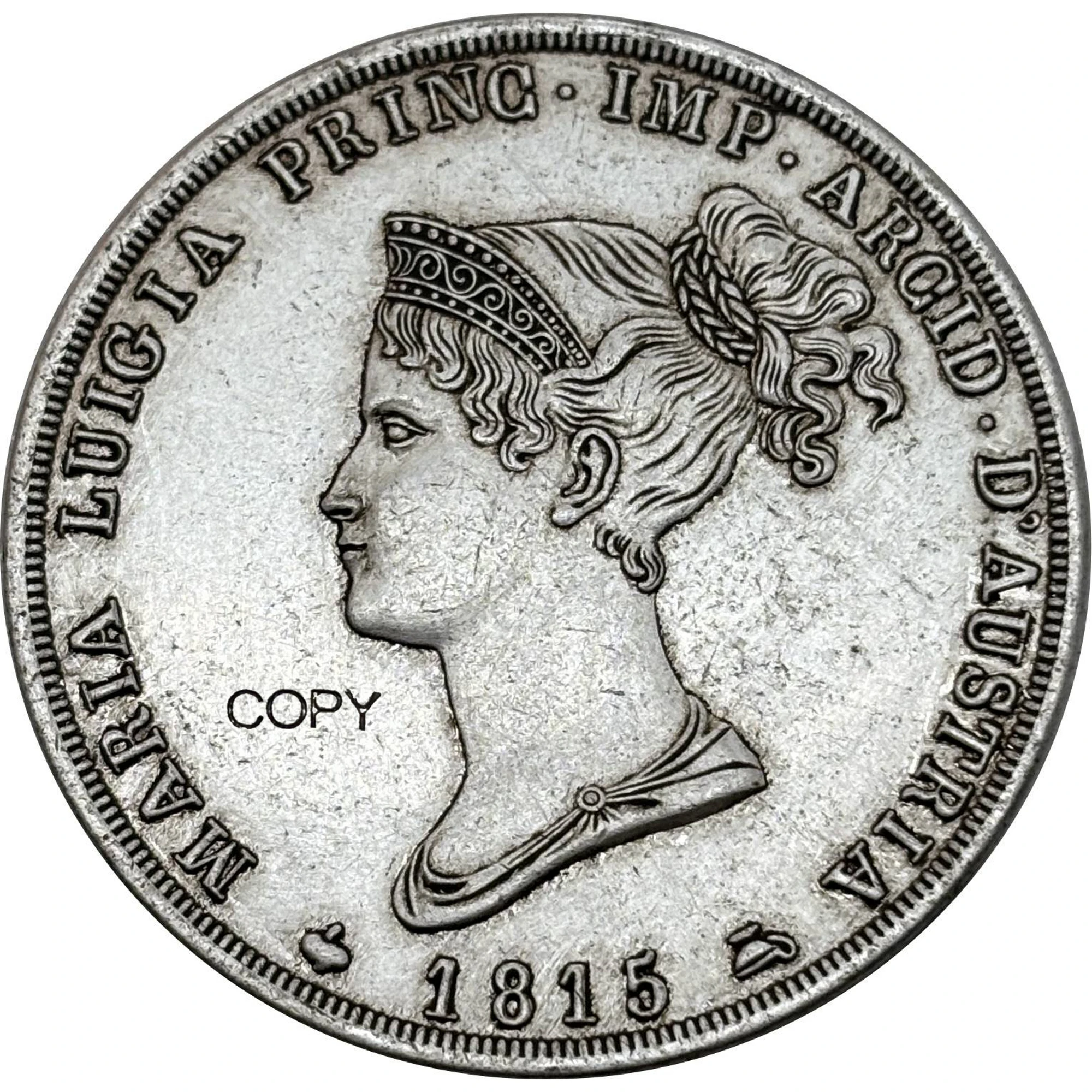 Moeda Comemorativa Italiana 1815 5 Lire Maria Luigia Banhada a Prata Réplica para Coleção
