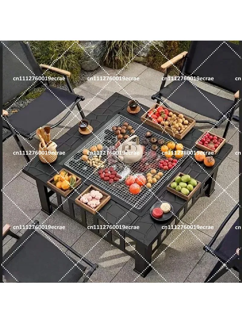 Outdoor Square Barbecue Grill Multi-Functional Charcoal Grill Table for Tea Brewing and Wood Burning