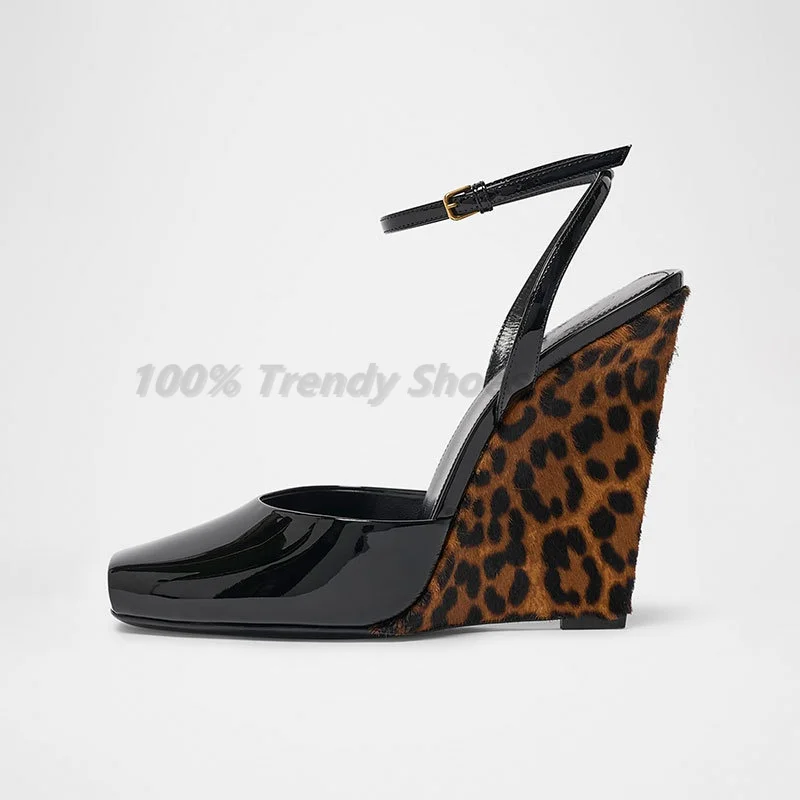 Summer Slope Heel Leopard Print Ankle Strap with Fish Mouth Sandals Tripe Strap Burgundy High Heels Fashionable Women's Shoes