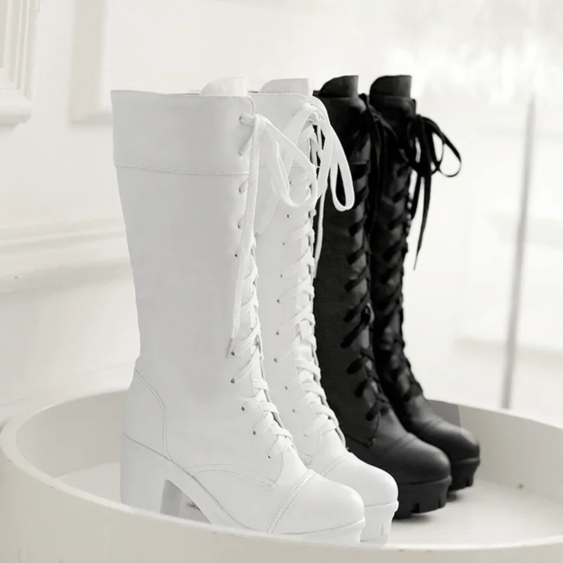 Fashion Lolita Shoes High Heel Student Shoes Cosplay Block Mid Calf Long Boots Women Shoes