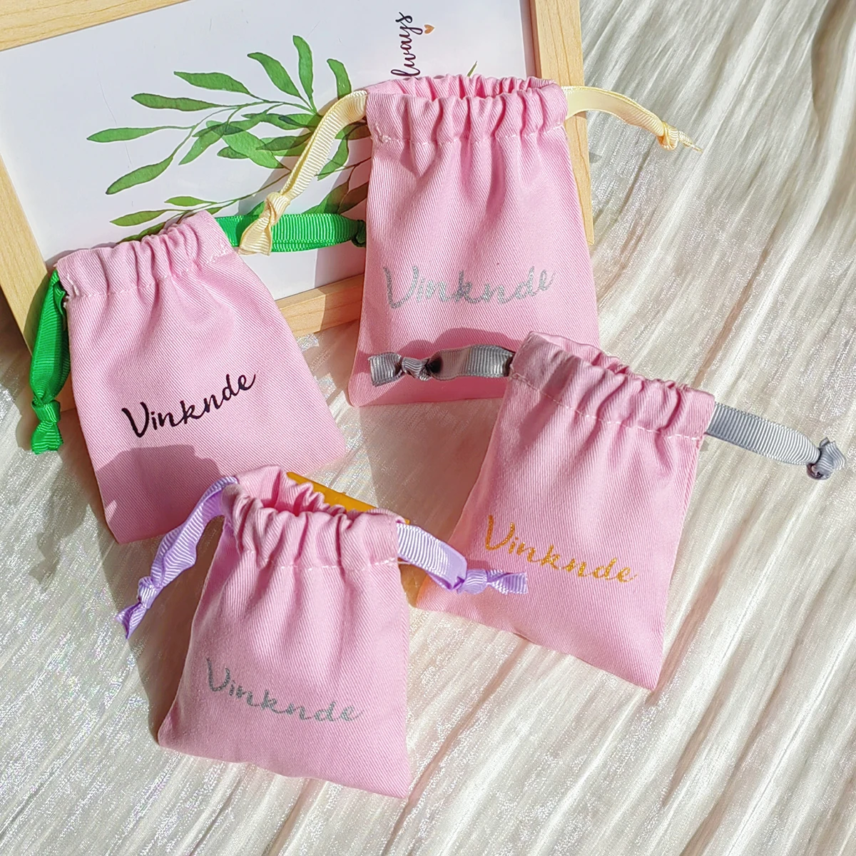 

100Pack Bulk 9x12cm Pink Twill Cotton Canvas Bag Personalized Logo Jewelry Drawstring Packaging Pouches With Ribbon Gift Sack