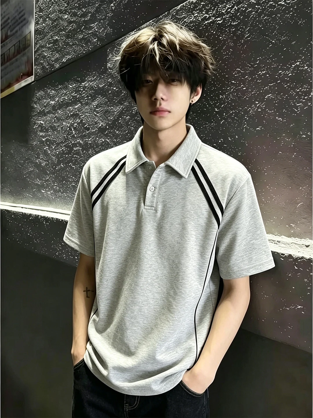 American Stripe Splicing  Shirt Men Summer Color Collision Shoulder Short Sleeve T-Shirt Deconstructed Cleanfit Collar Ha...