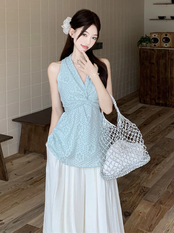 

Fashionable V-Neck Printed Vest Top Women's Summer 2025 High Waist Wide Leg Casual Long Pants Two-Piece Set Casual Wear