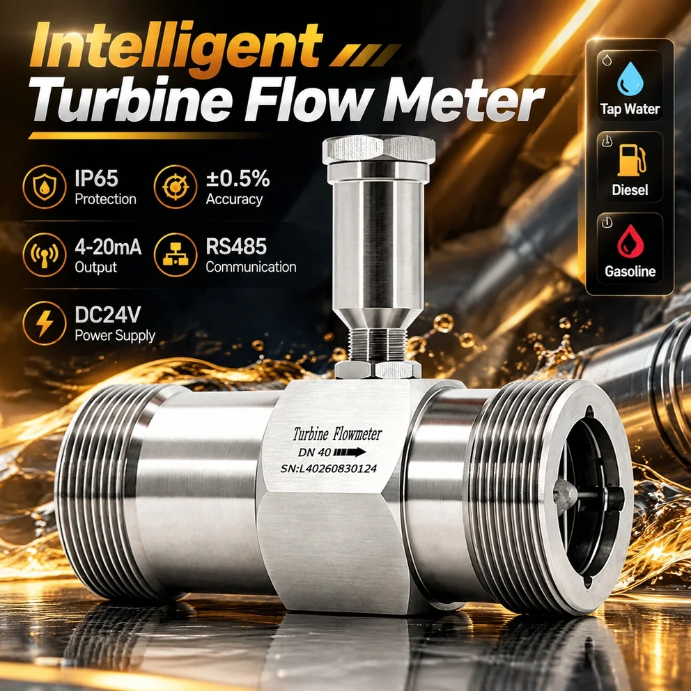 Intelligent Turbine Flow Meter Stainless Steel IP65 ±0.5% 4-20mA RS485 DC24V Pipe Liquid Flow Sensor for Tap Water Diesel