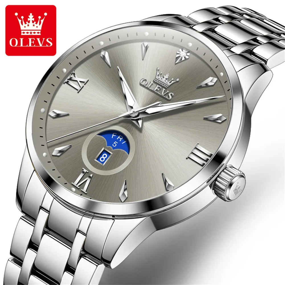 

OLEVS Brand New Fashion Grey Quartz Watch Men Solid Stainless Steel Waterproof Luminous Week Date Luxury Watches Mens Relogio