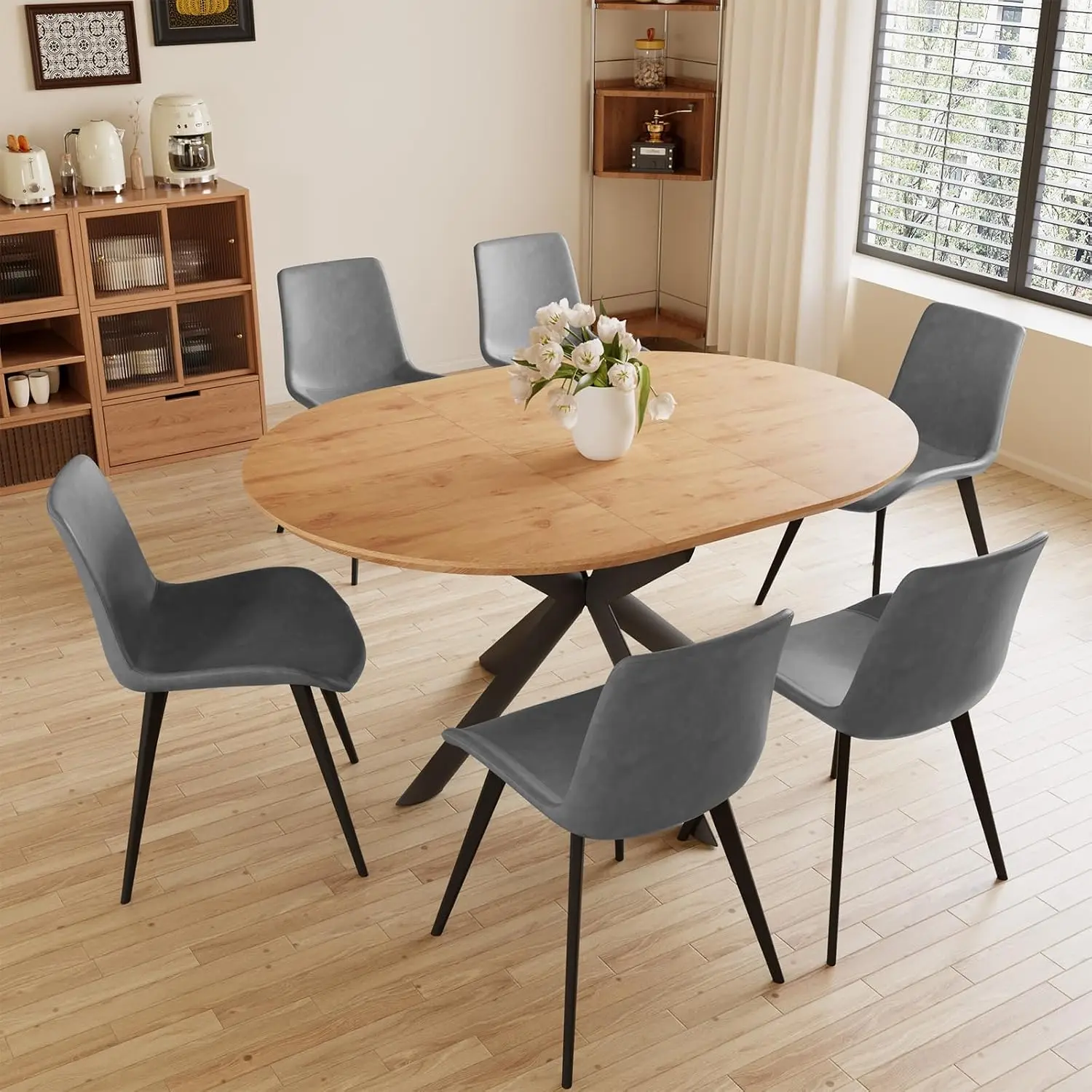 Extendable Dining Table & 6 PU Chairs for Kitchen Dining Room 43.2